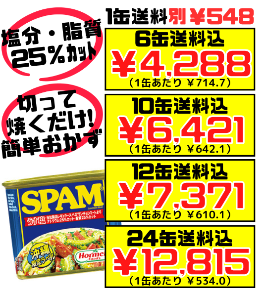 スパム (SPAM) うす塩 340g 6缶で送料込 沖縄ホーメル Hormel 塩分・脂肪分25％カット ポークランチョンミート