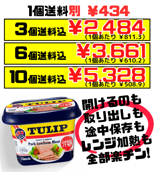 チューリップポーク エコパック 340g TULIP　圧倒的に時短、ラクできるポークランチョンミート セット商品はすべて送料込