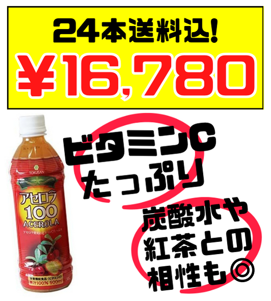 アセロラ100(果汁100％ジュース) 500ml×24本 沖縄特産販売 価格と商品紹介