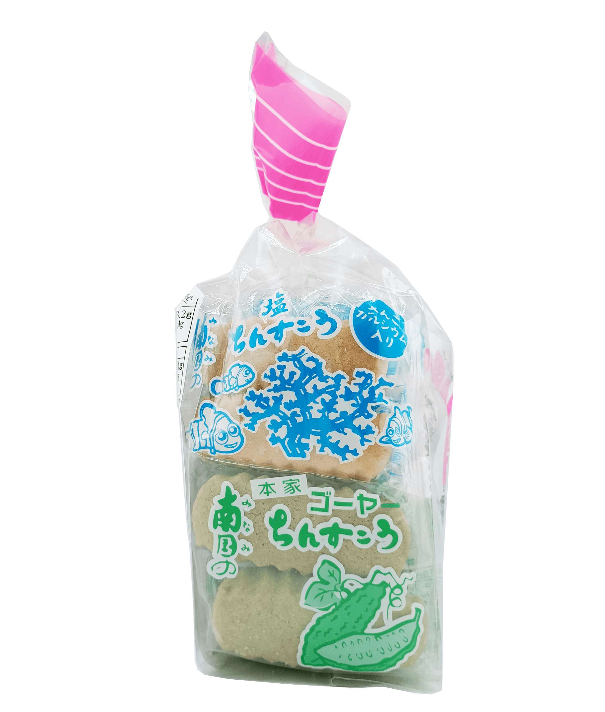 ちんすこう 4種入り(1)（塩・黒糖・シークヮーサー・ゴーヤー） 2個 × 18袋入パック 商品画像（側面）塩味、ゴーヤー味