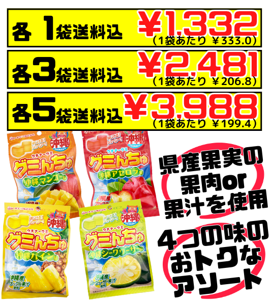 グミんちゅ アソート（シークヮーサー、アセロラ、パイン、マンゴー） 各40g オキコ 価格と商品紹介