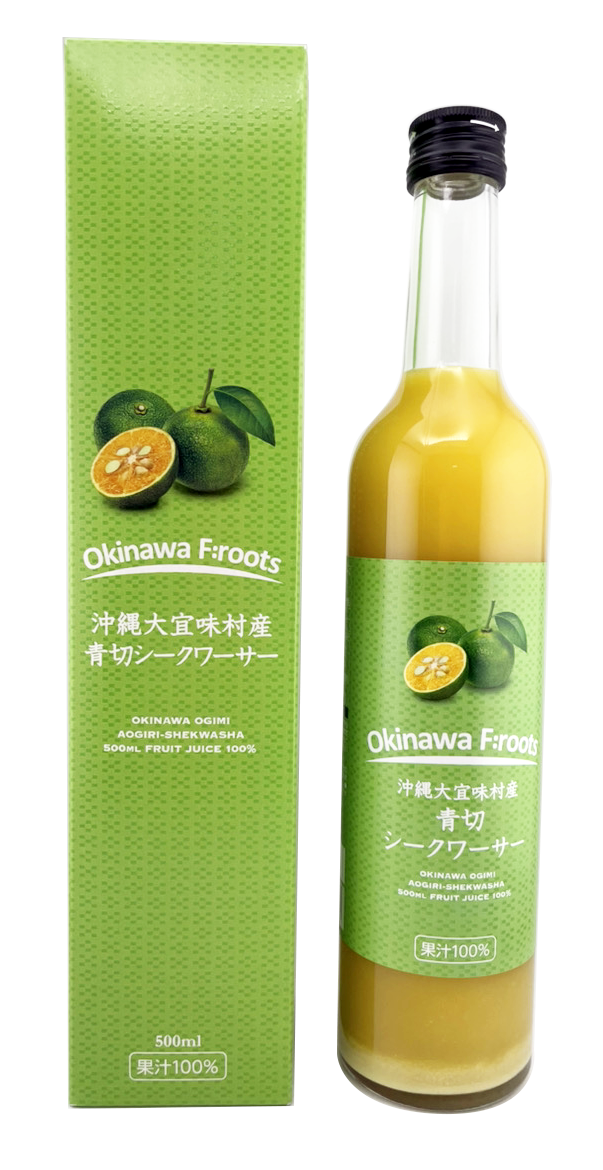沖縄大宜味村産 青切シークヮーサー 100％ジュース 500ml 商品画像（瓶・箱正面）