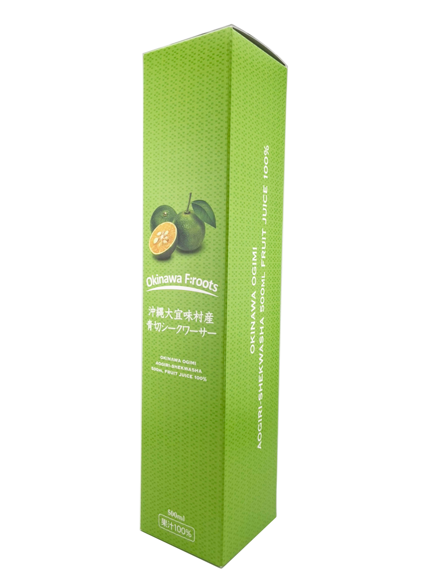 沖縄大宜味村産 青切シークヮーサー 100％ジュース 500ml 商品画像（箱正面・側面）