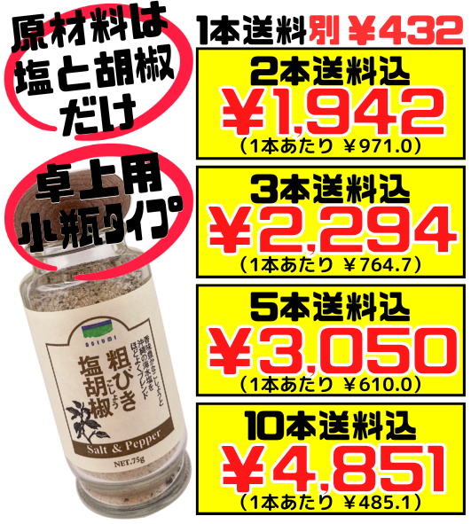 シママース本舗（青い海） 粗挽き 塩胡椒 75g 卓上用 小瓶（ミニボトル） 価格と商品紹介